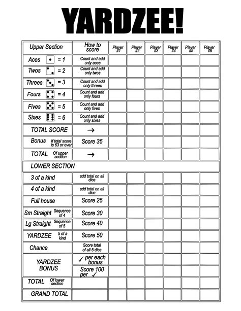 Yardzee Printable Score Sheet